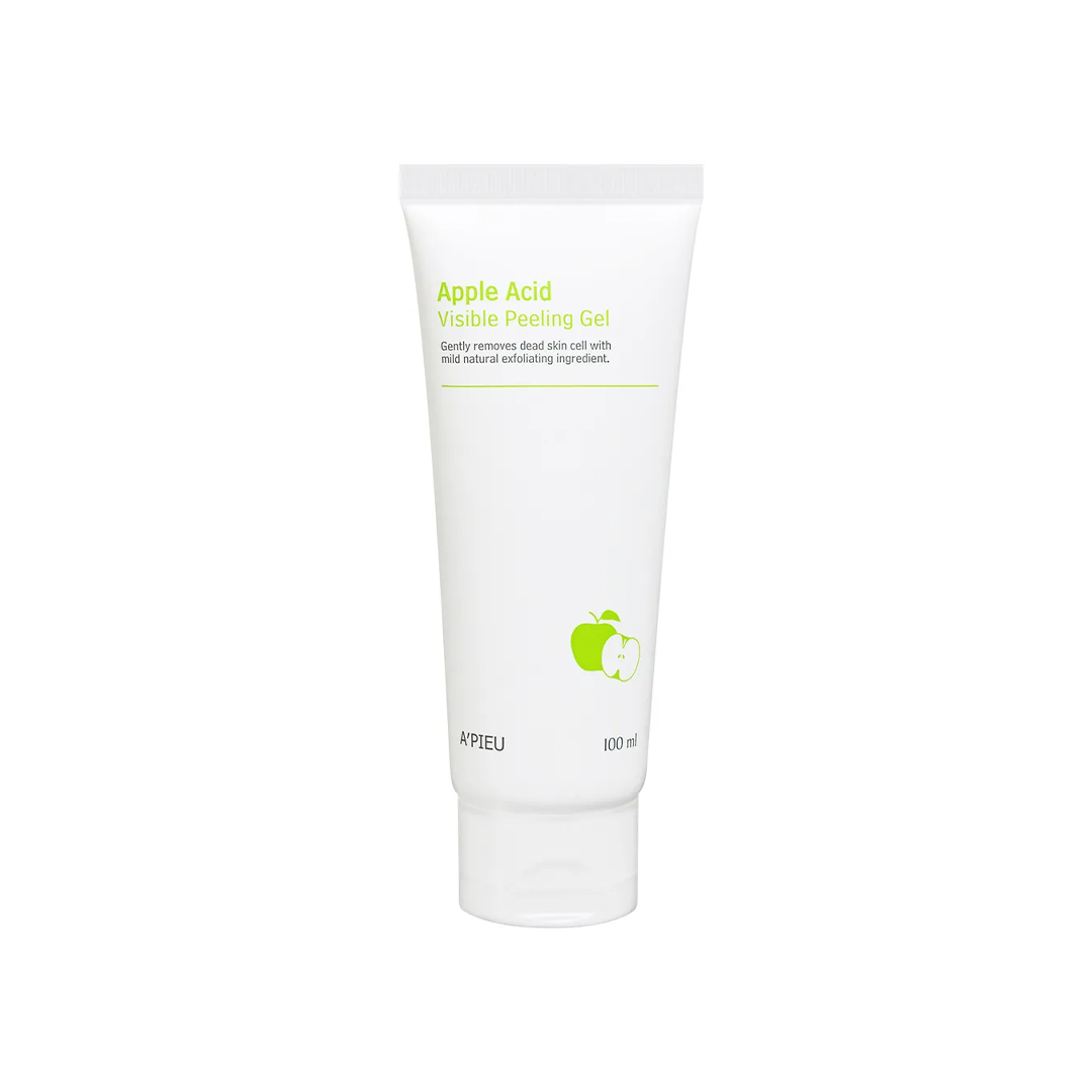 Eine weiße Tube mit grünem Apfeldesign und der Aufschrift „Apple Acid Visible Peeling Gel“, 100 ml.