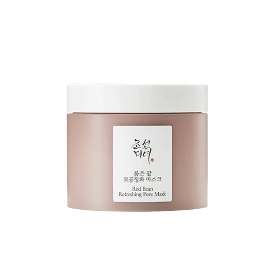 runder, beigefarbenerer Behälter mit weißem Deckel. Mit Aufschrift „Red Bean Refreshing Pore Mask“.
