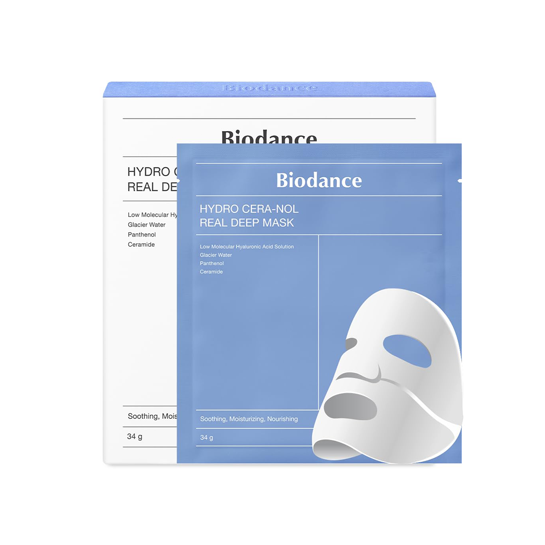 Die Verpackung einer Biodance Hydro Cera-Nol Gesichtsmaske, mit einer blauen und weißen Packung.