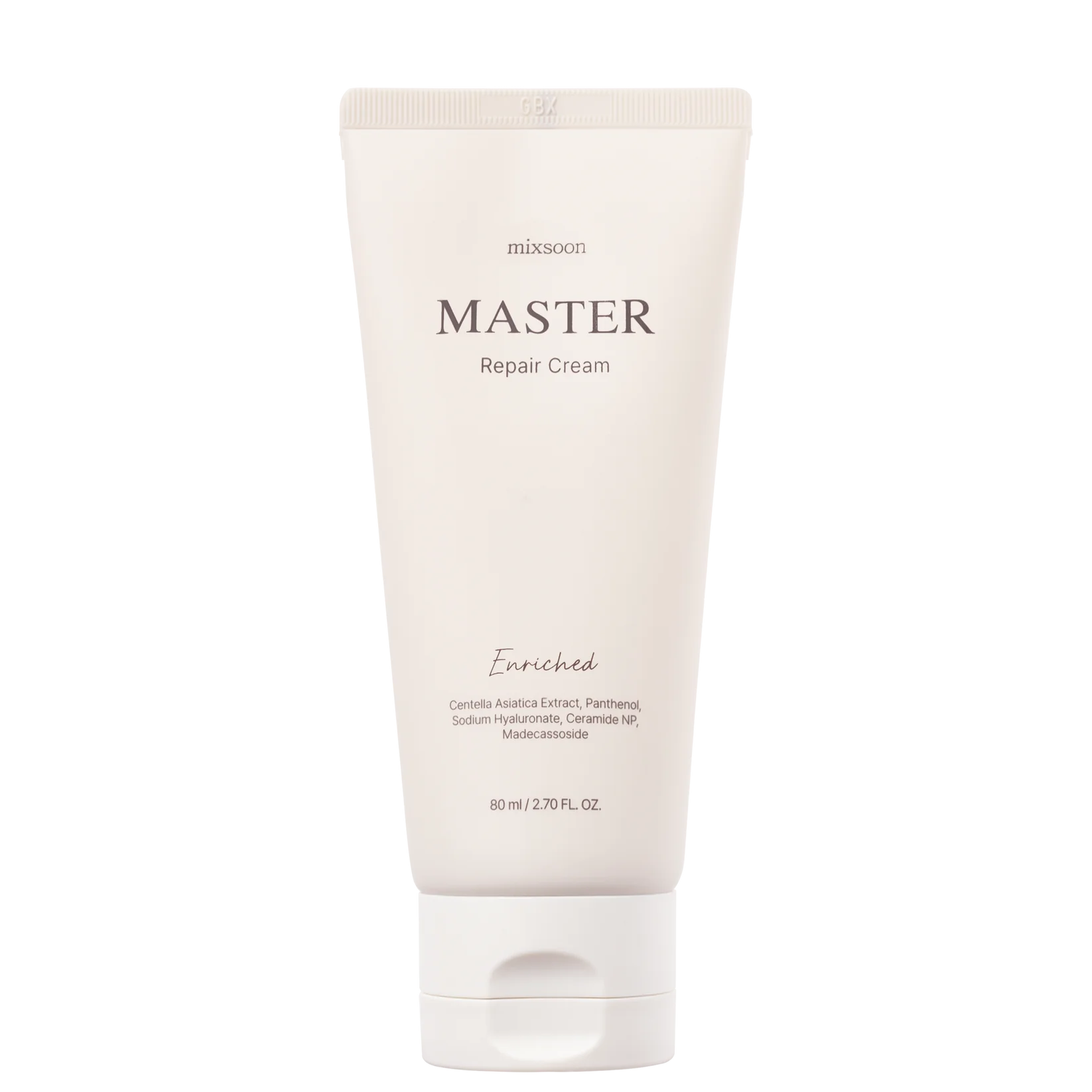 Weiße Tube der Master Repair Cream von Mixsoon mit grauer Schrift auf schwarzem Hintergrund.