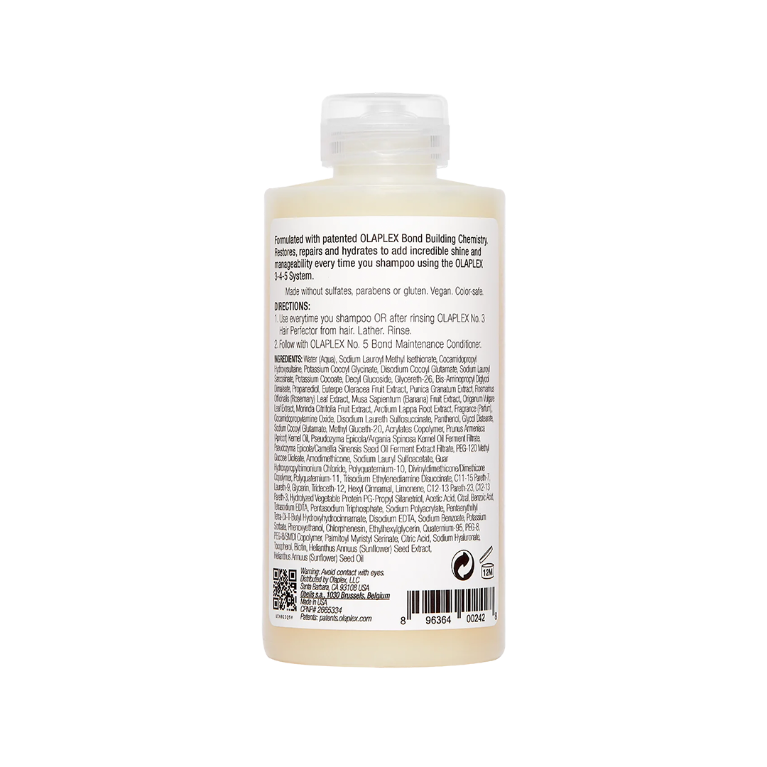 Rückansicht der Olaplex No. 4 Shampoo-Flasche mit Inhaltsstoffen