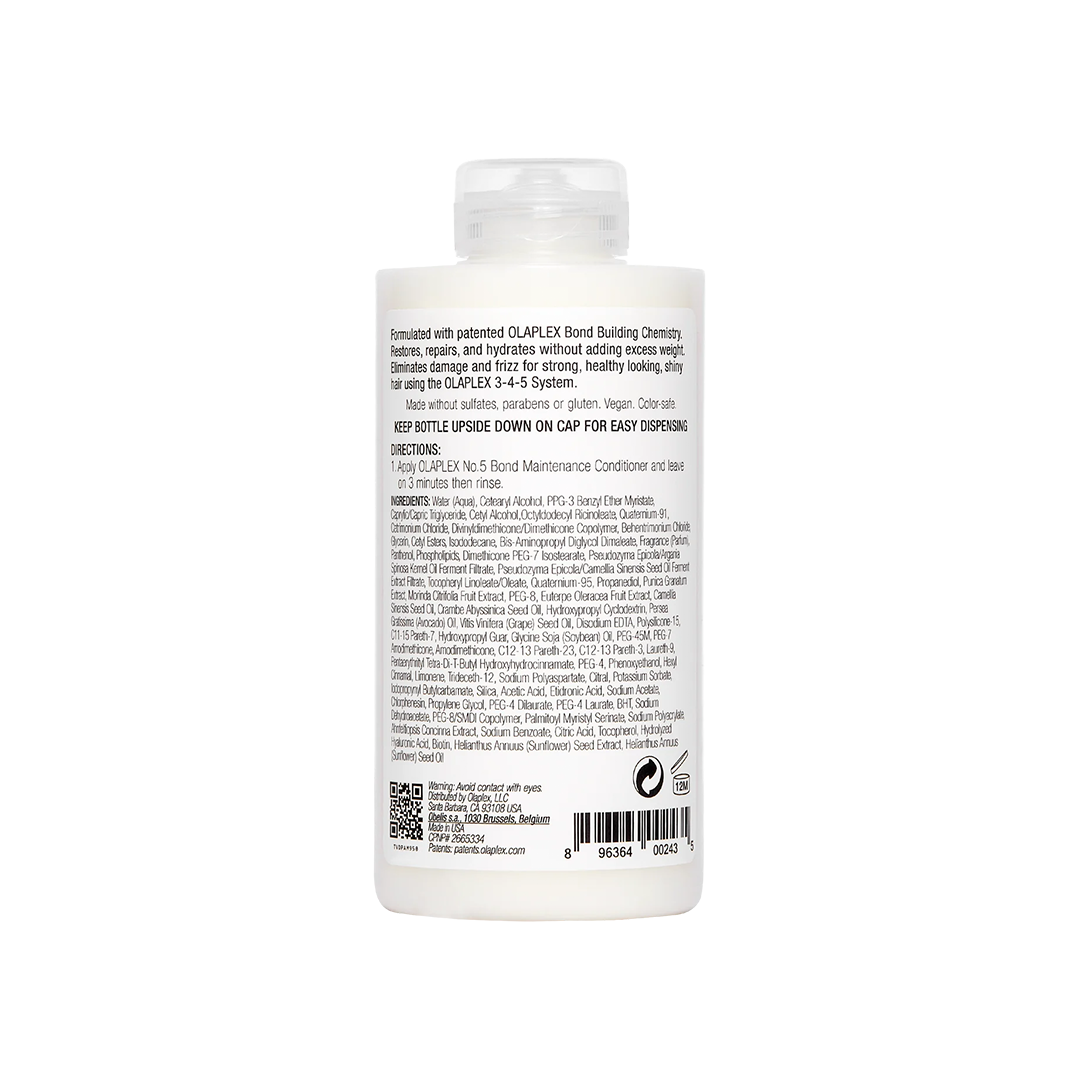 Rückseite der Olaplex No.5 Flasche. Zeigt die Inhaltsstoffe und Anwendungshinweise.