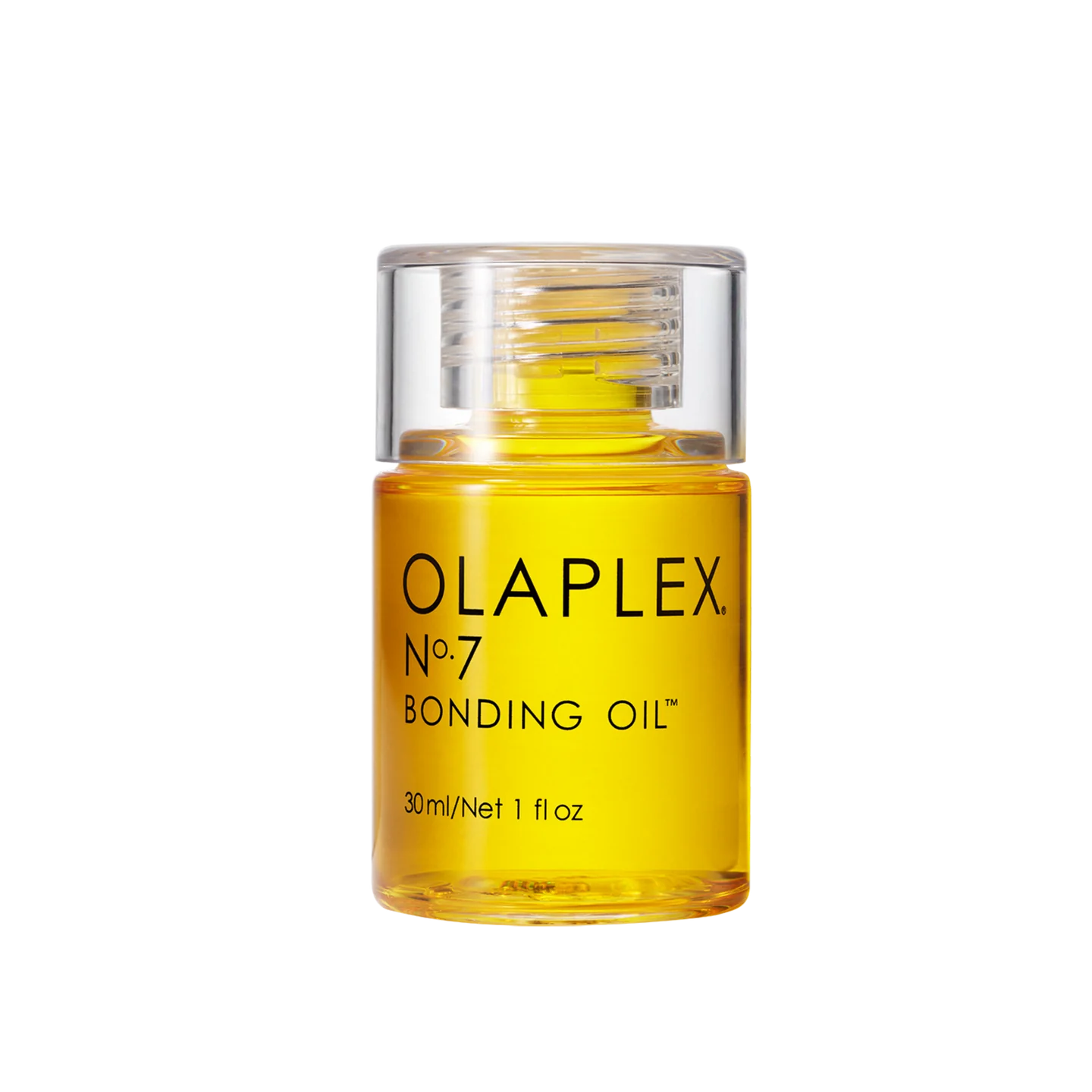 Eine Flasche Olaplex No. 7 Bonding Oil in leuchtendem Gelb auf weißem  Hintergrund.