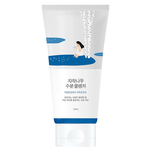 Weiße Tube mit blauem Design und Illustration eines Mädchens in der Natur, 150 ml, minimalistisch und erfrischend.