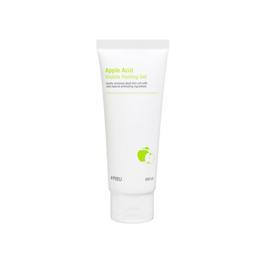 Eine weiße Tube mit grünem Apfeldesign und der Aufschrift „Apple Acid Visible Peeling Gel“, 100 ml. 