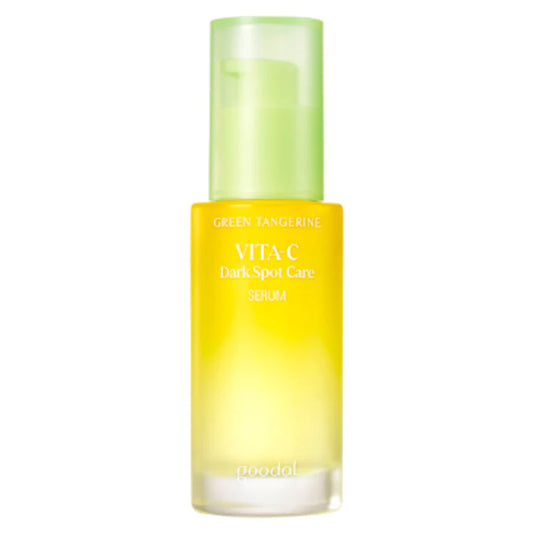 Gelb-transparente Flasche mit grünem Pumpspender des Green Tangerine Vita-C Serums von Goodal.