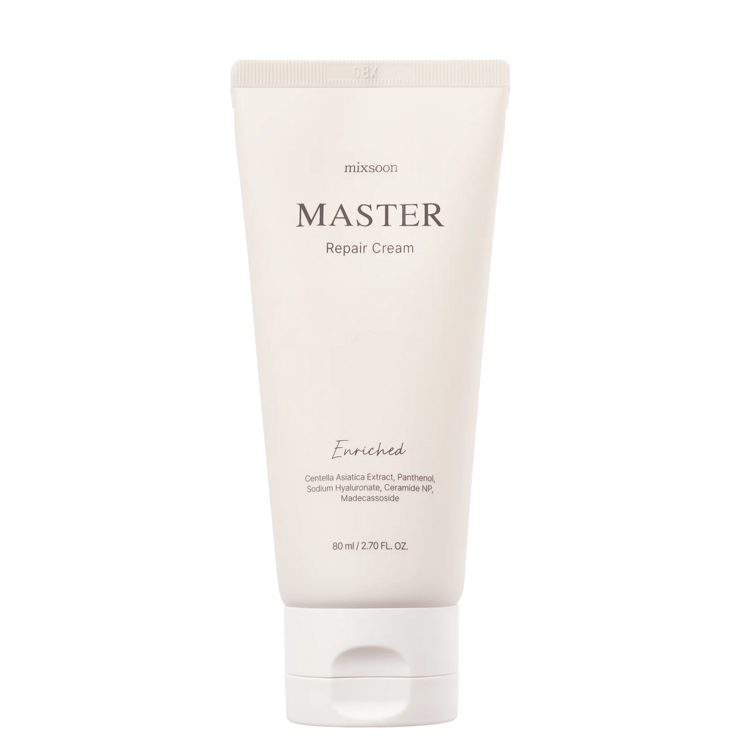 Weiße Tube der Master Repair Cream von Mixsoon mit grauer Schrift auf schwarzem Hintergrund.