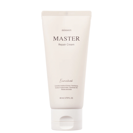 Weiße Tube der Master Repair Cream von Mixsoon mit grauer Schrift auf schwarzem Hintergrund.