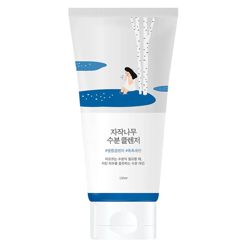 Weiße Tube mit blauem Design und Illustration eines Mädchens in der Natur, 150 ml, minimalistisch und erfrischend.